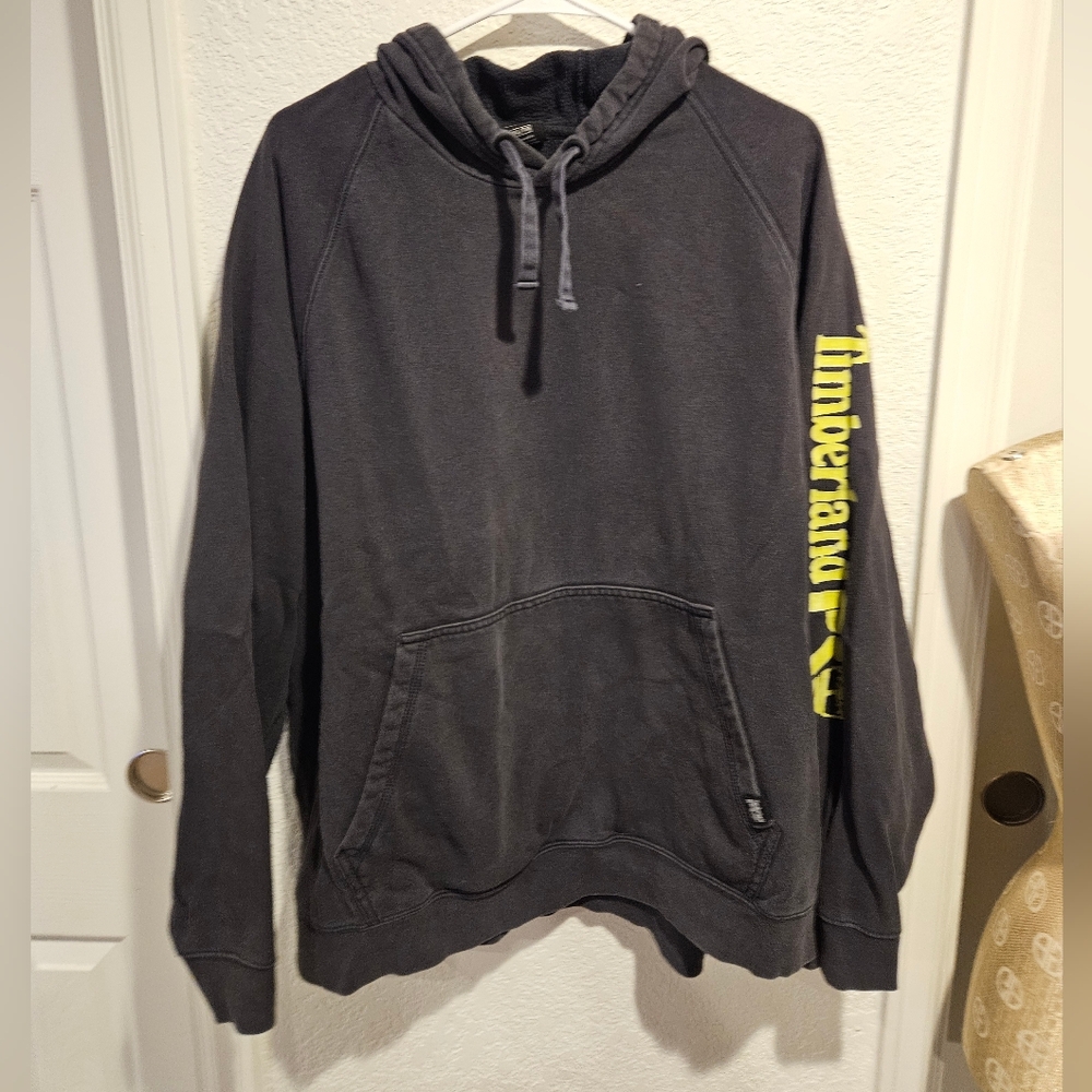 Timberland Charcoal Hoodie with Vibrant Yellow Sleeve Size Large